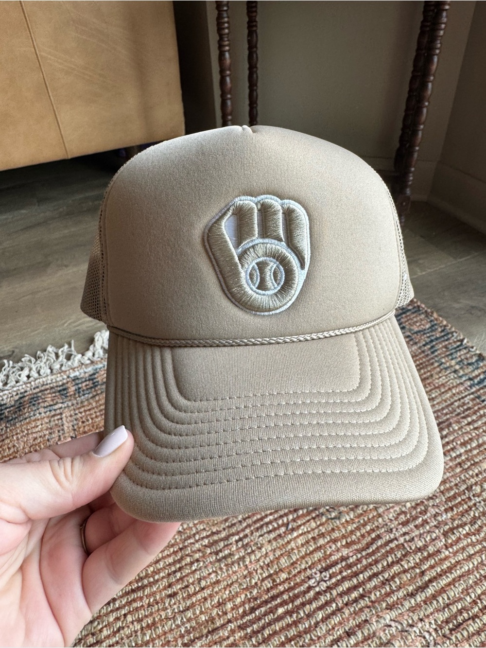 47 Brand Beige Mesh-Back Trucker Hat with Embroidered Glove Logo